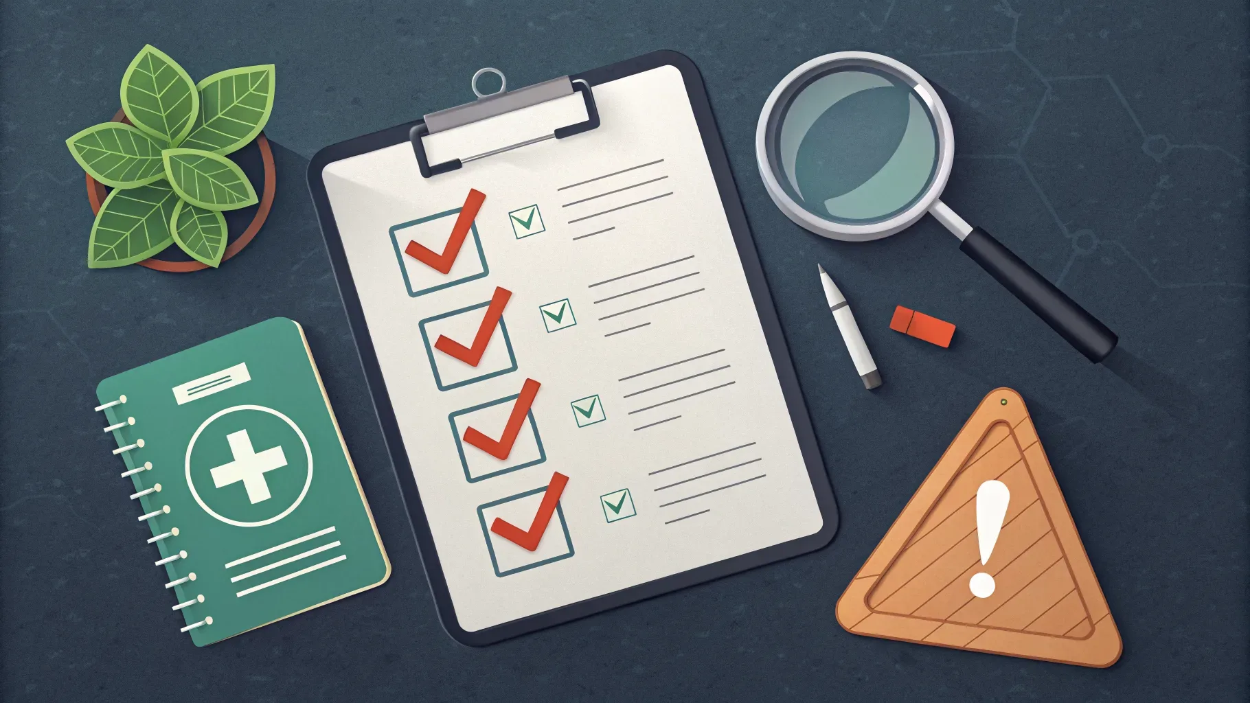 ilustração de prancheta com checklist, lupa e ícone de alerta sobre superfície escura