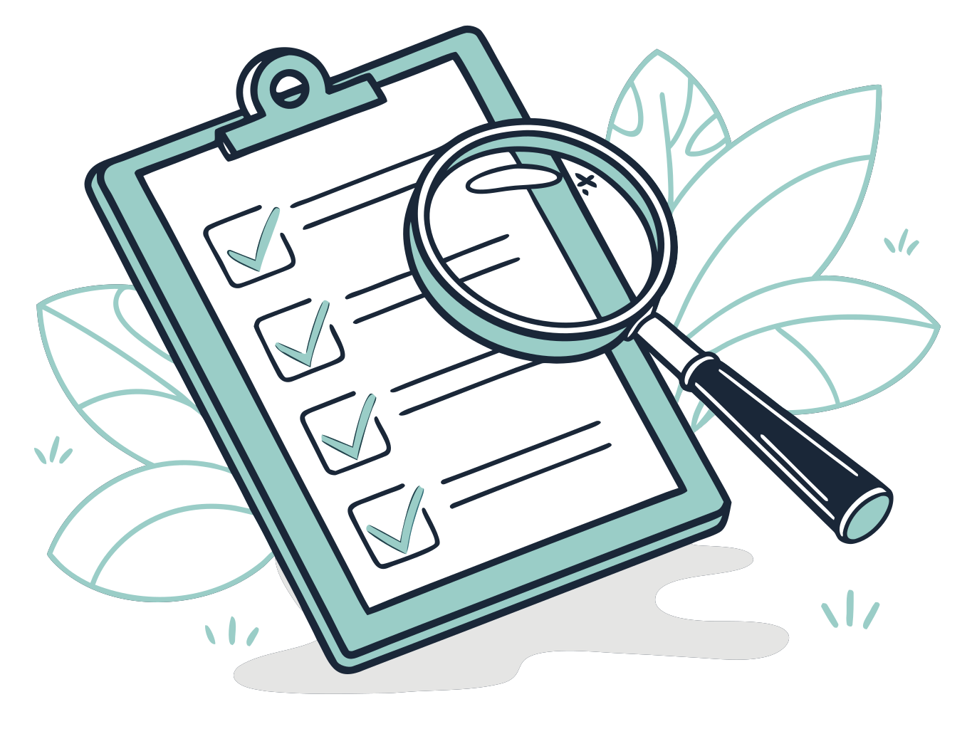 ilustração vetorial de prancheta com checklist e lupa em tons de azul esverdeado e cinza