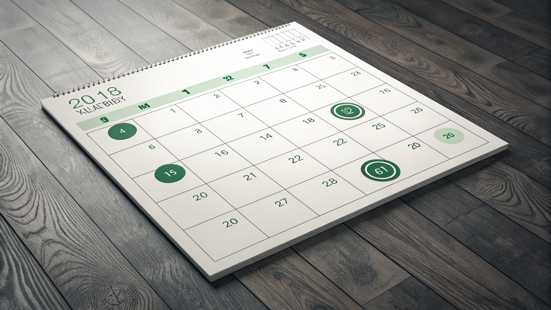 calendário mensal com marcadores circulares verdes sobre superfície de madeira escura