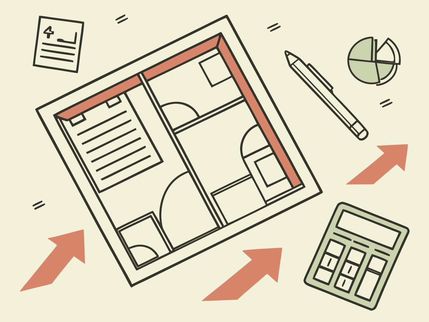 Vista zenital de planta baixa de apartamento cercada por ícones de documentos e calculadora vetorial