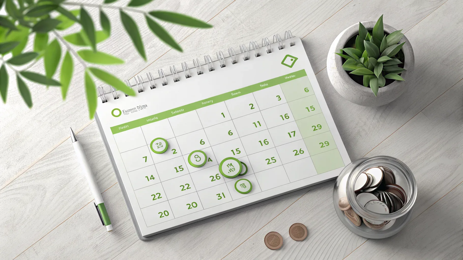 calendário aberto com marcações em verde sobre mesa de madeira clara, evocando planejamento de médio prazo