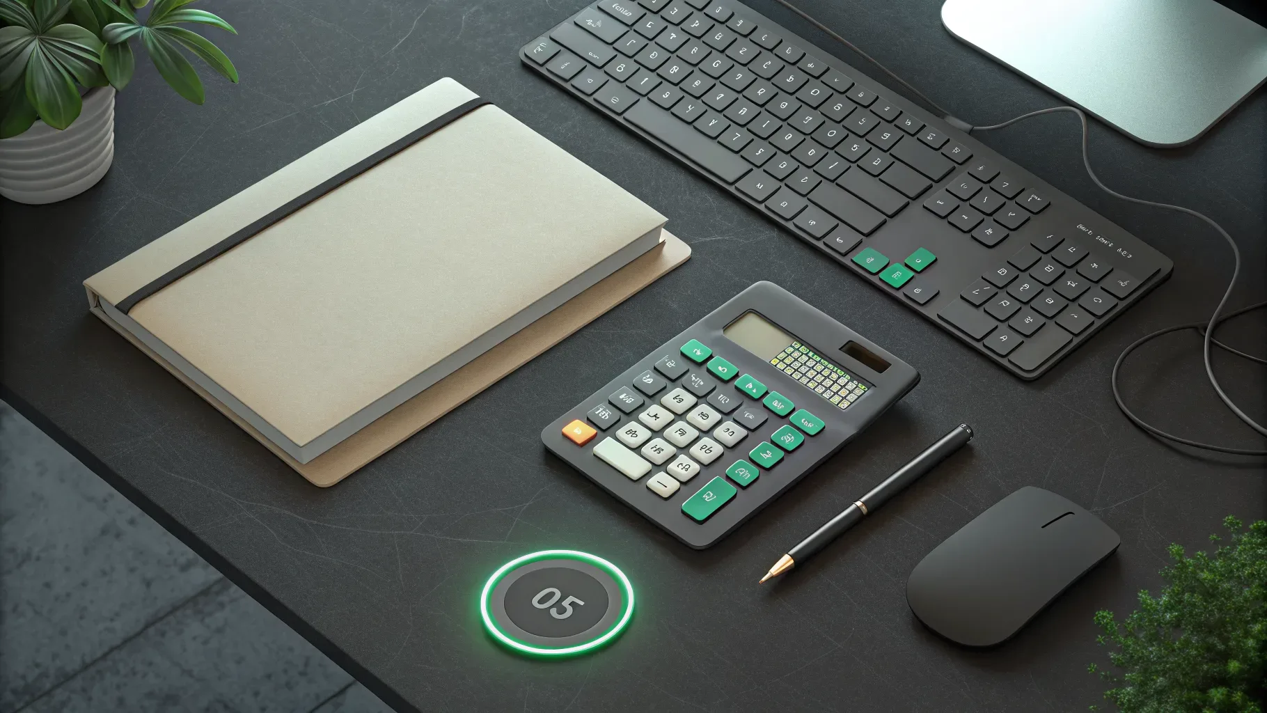 vista aérea de mesa minimalista com pasta fechada e indicador circular verde em ilustração digital