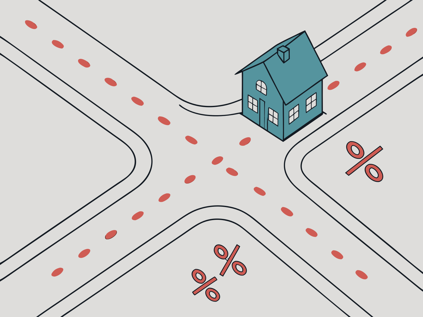 vista aérea de dois caminhos divergentes em ilustração vetorial, um com símbolos de porcentagem e outro levando a uma casa