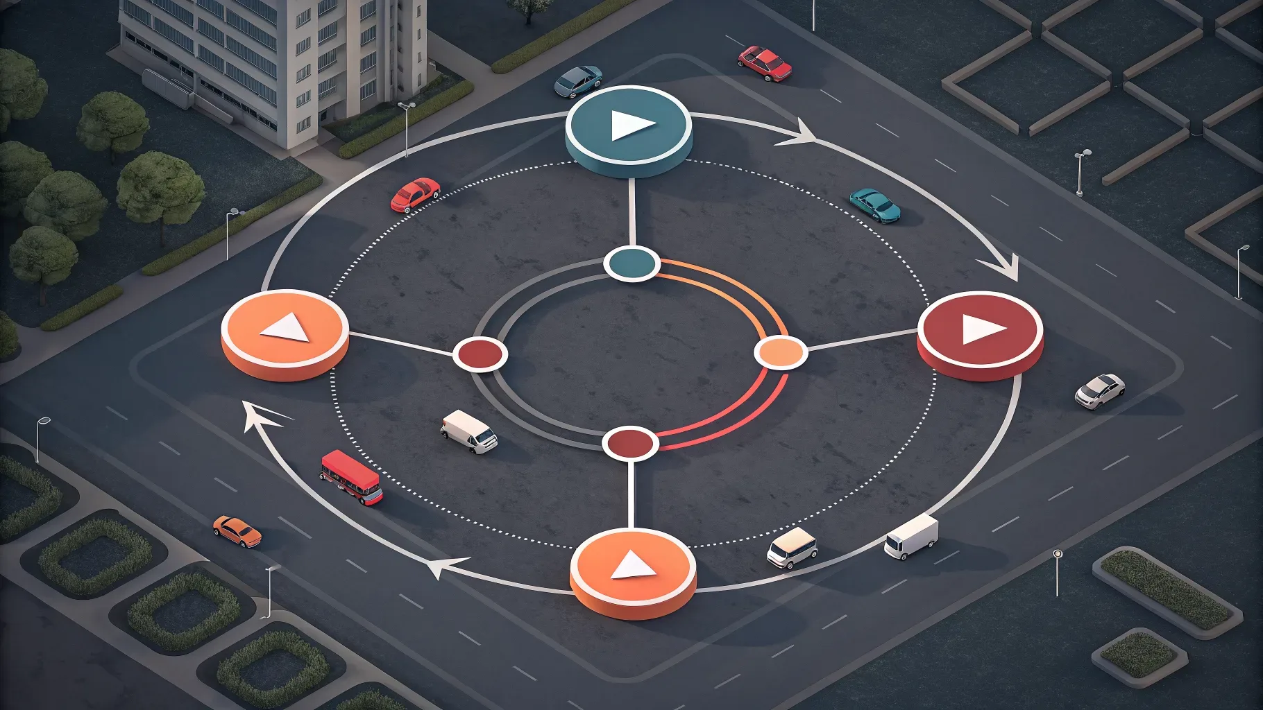 transferir cota de consórcio: diagrama circular abstrato com cinco nós interligados por setas em verde sobre fundo escuro