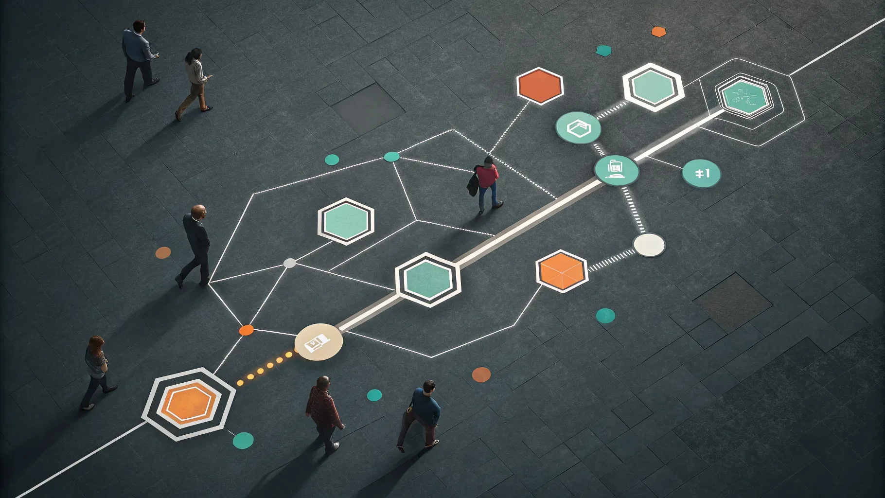 ilustração de linha do tempo com nós hexagonais conectados, destaques em verde-menta sobre fundo carvão escuro