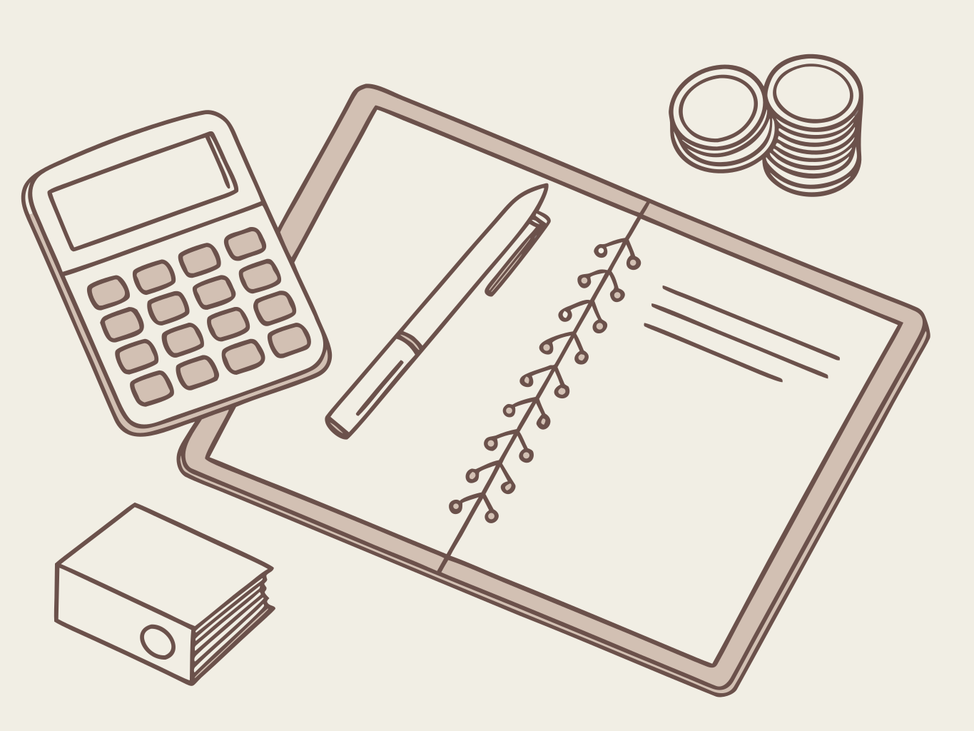 vista aérea de mesa com calculadora, pasta fechada e bloco de notas em ilustração vetorial