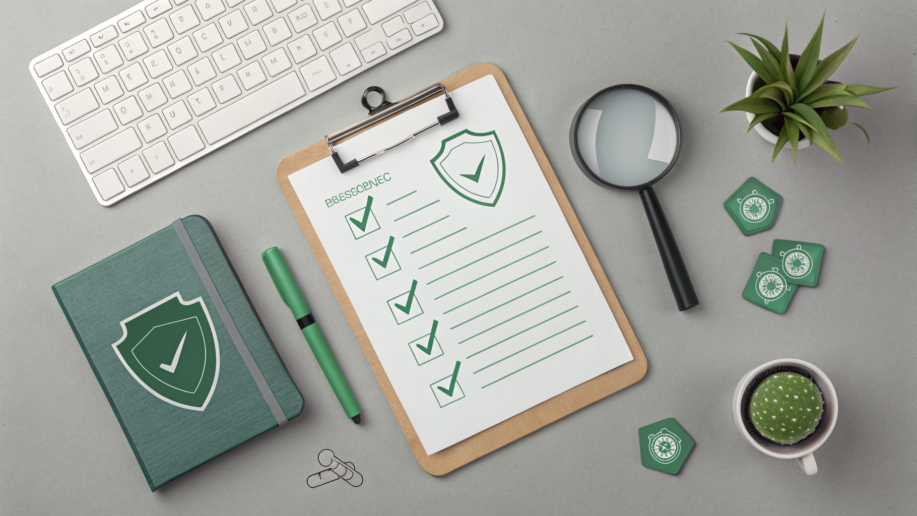 vista superior de mesa com checklist e lupa, representando verificação e fiscalização de documentos