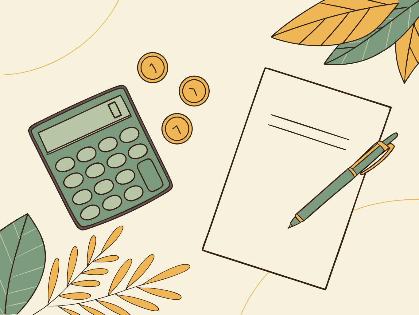 vista aérea de mesa com calculadora, papel em branco, caneta e moedas organizadas em grupos