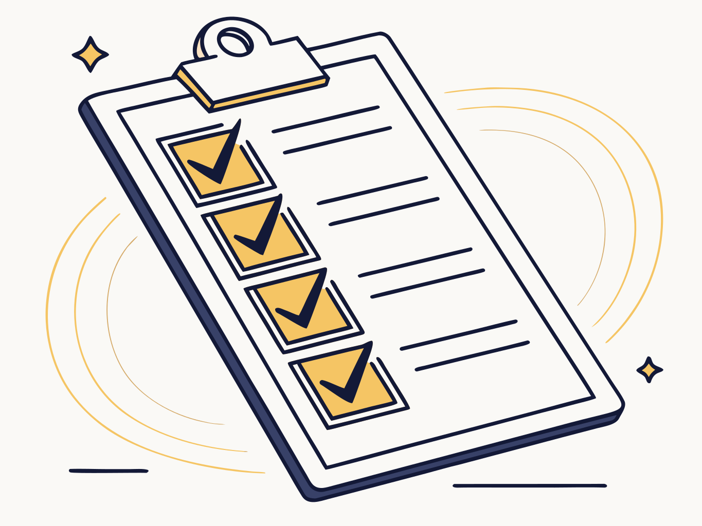 prancheta com cinco marcações de verificação em ilustração vetorial flat minimalista, tons de azul e dourado