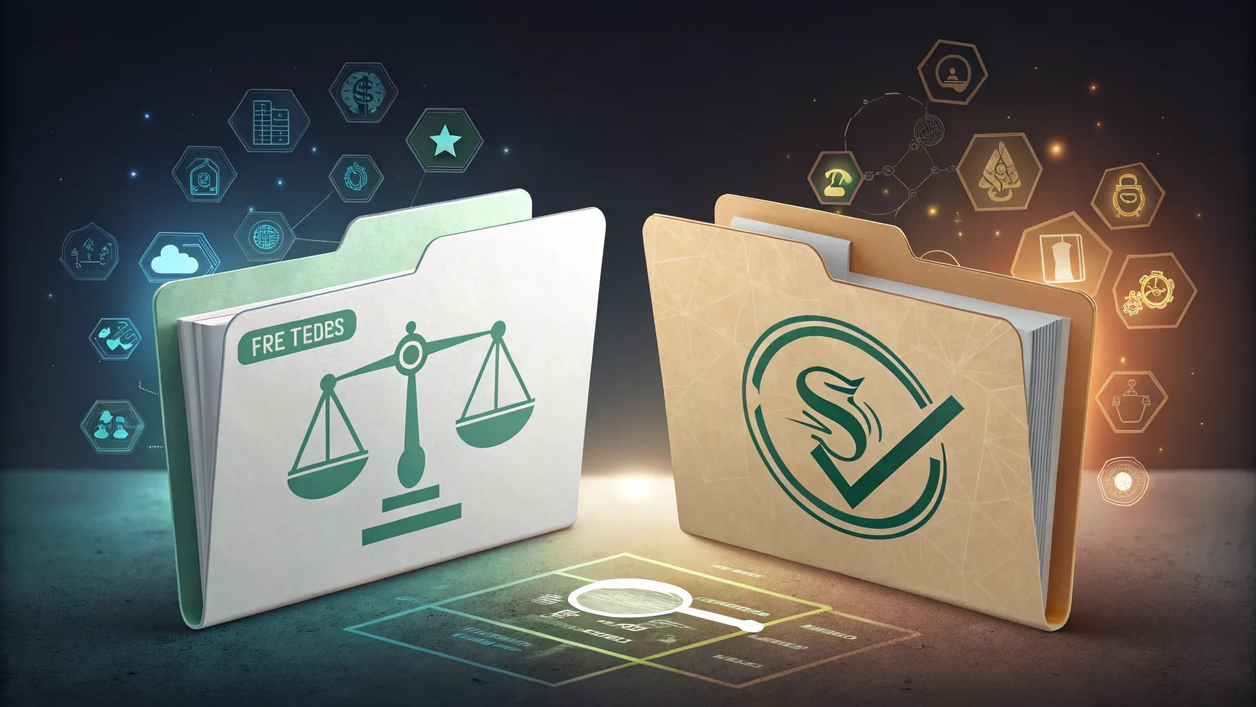 ilustração digital de duas pastas de documentos comparadas com símbolo de verificação em verde