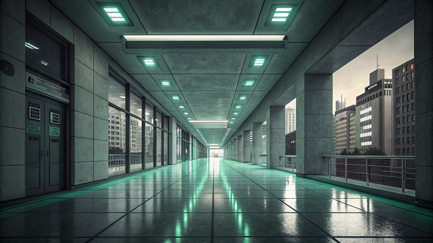 corredor de edifício moderno vazio com perspectiva de fuga e iluminação esverdeada no piso polido