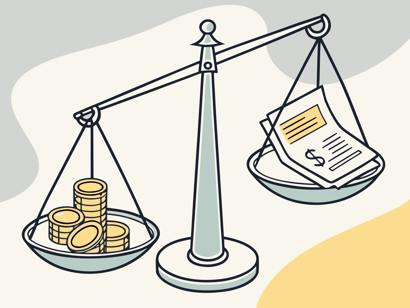 balança com moedas de um lado e contrato do outro, ilustração vetorial em tons neutros
