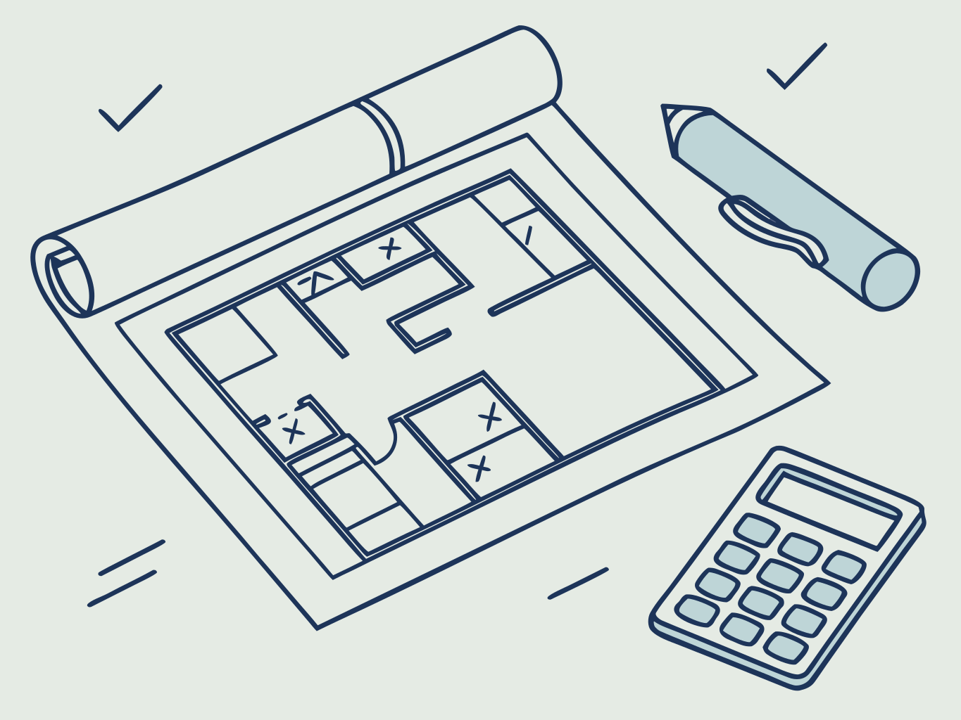planta baixa arquitetônica vista de cima com calculadora ao lado, ilustração vetorial flat
