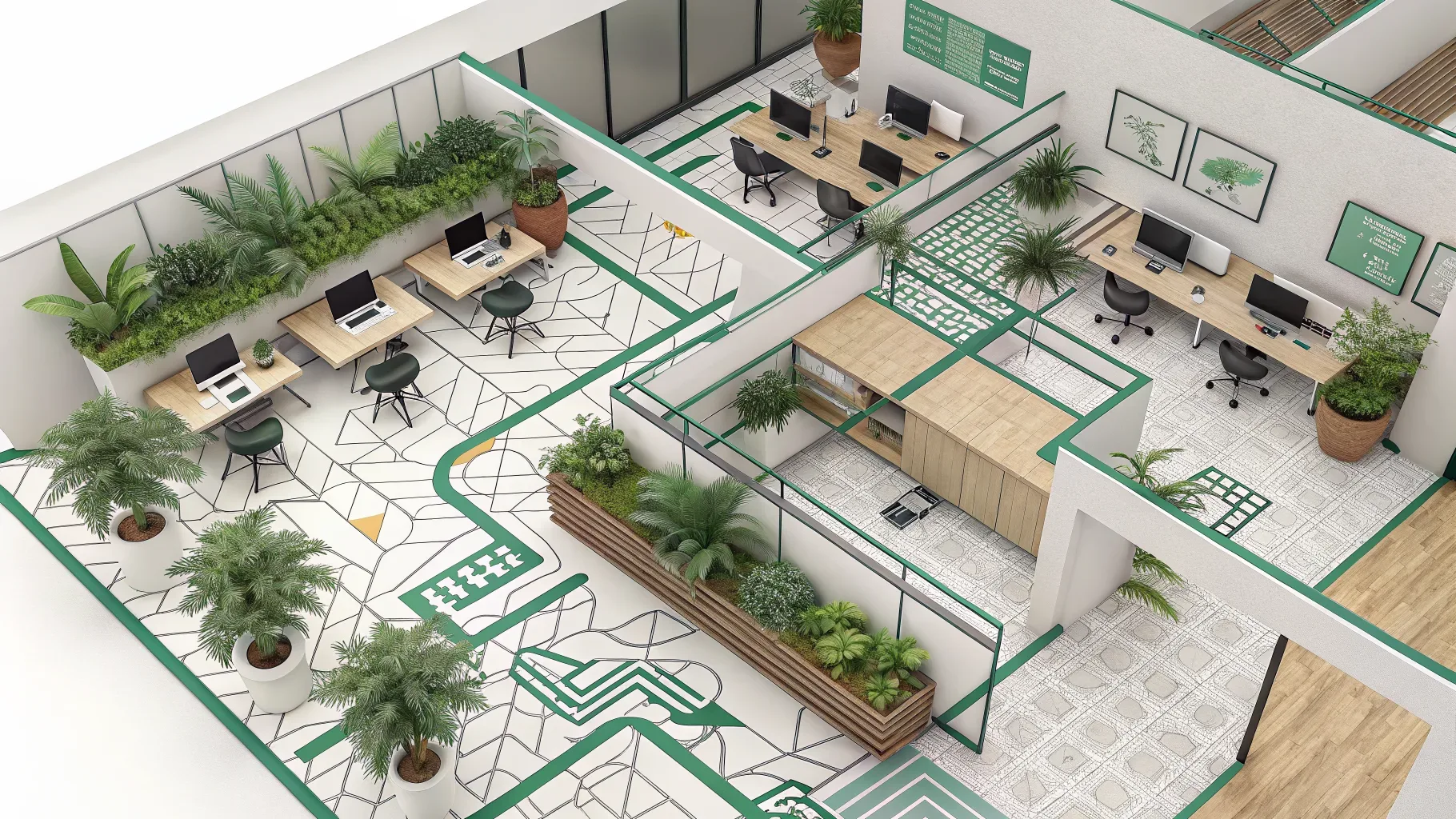 implicações fiscais do consórcio: vista zenital ilustrada de escritório moderno vazio com traçados verdes geométricos sobre piso branco