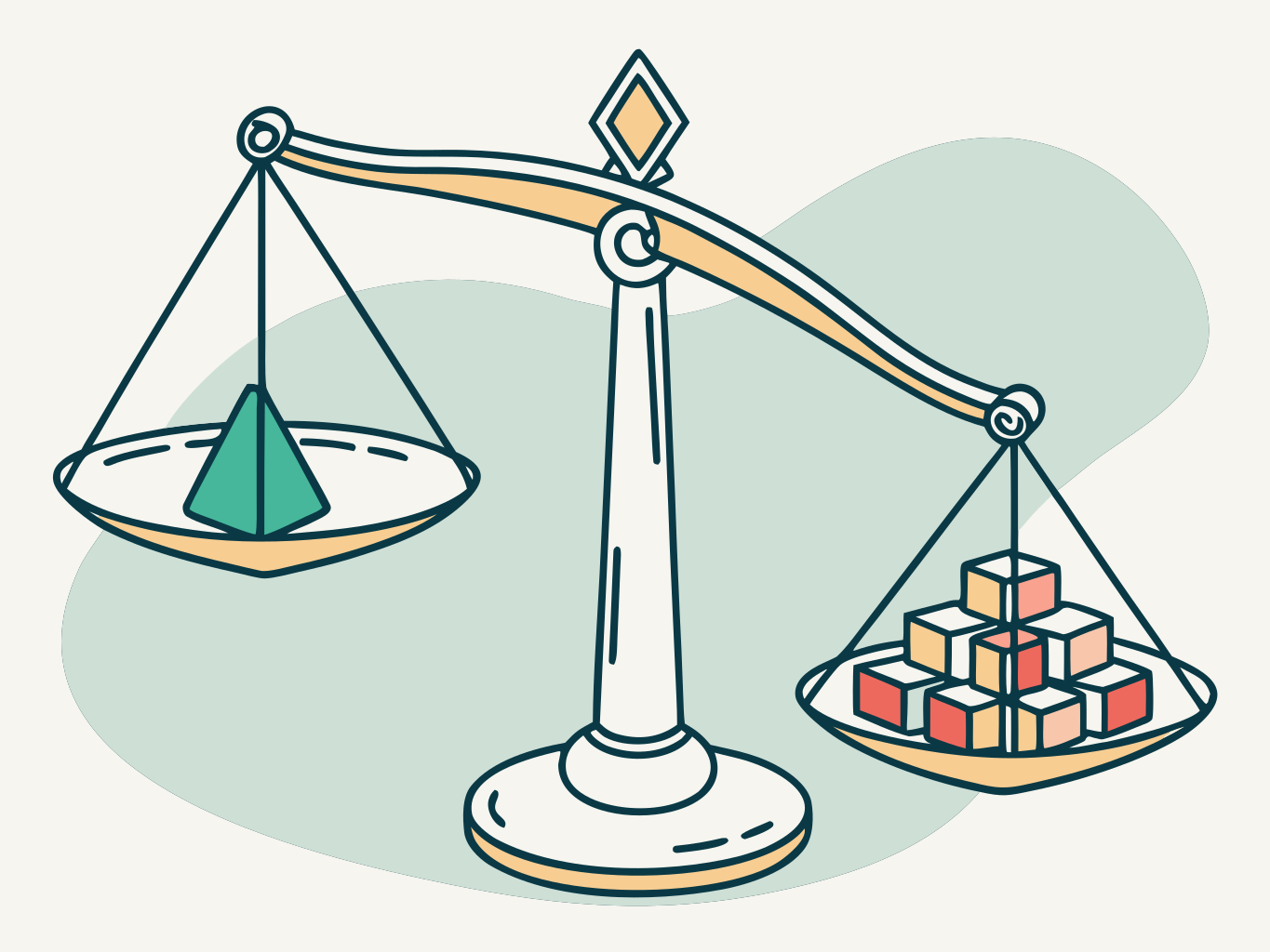 ilustração vetorial de balança em equilíbrio com formas geométricas abstratas representando comparação de valores