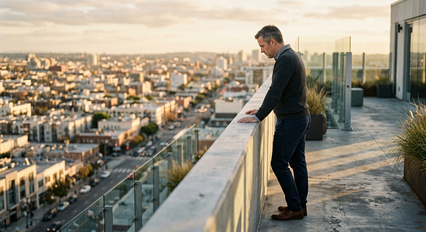 homem de meia-idade apoiado em parapeito de terraço moderno, observando a cidade ao fundo com expressão reflexiva (deságio cota de consórcio)