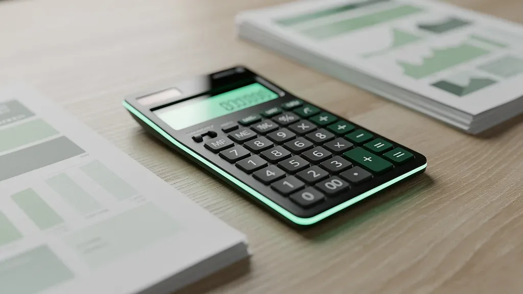 consórcio ou financiamento custo: calculadora e papéis com tabelas numéricas sobre mesa de madeira com iluminação esverdeada suave