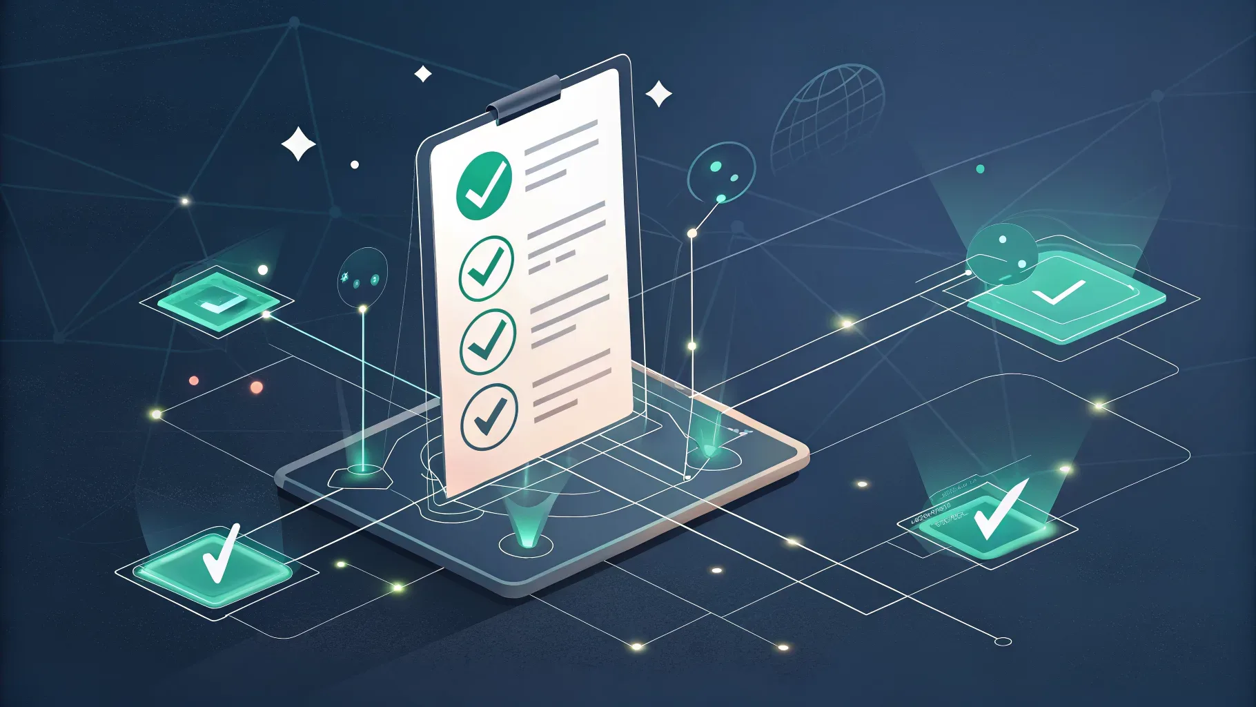 administradora de consórcio confiável: ilustração digital de painel de verificação com ícones de checklist em verde sobre fundo escuro