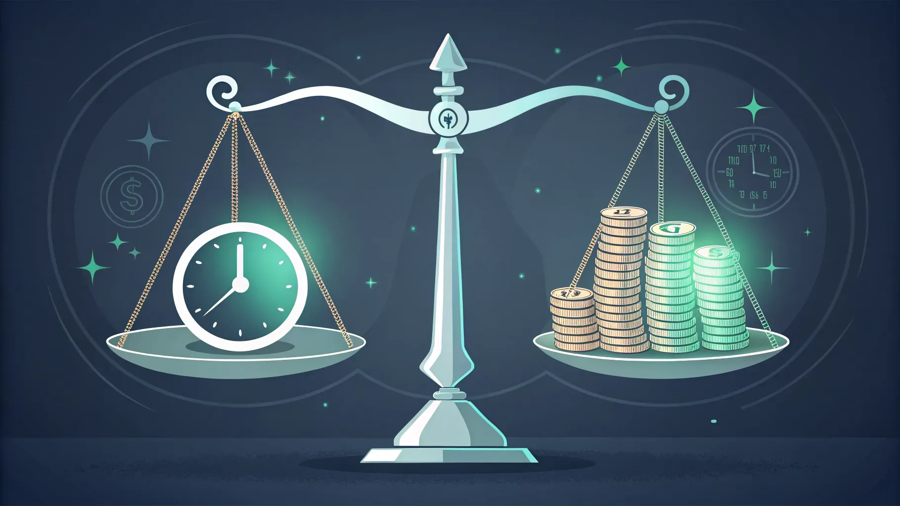 carta contemplada ou aguardar: balança digital ilustrada com duas bandejas, uma com moedas e relógio, outra com cartão, tons verde-esmeralda e azul-escuro