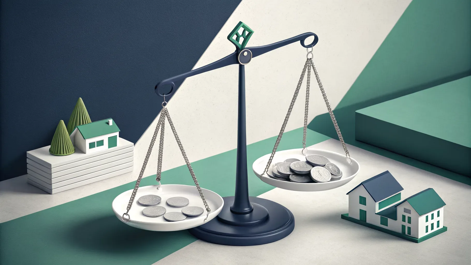 orçamento para consórcio: balança digital ilustrada com moedas e ícone de casa, realçada por detalhes em verde neon sobre fundo escuro