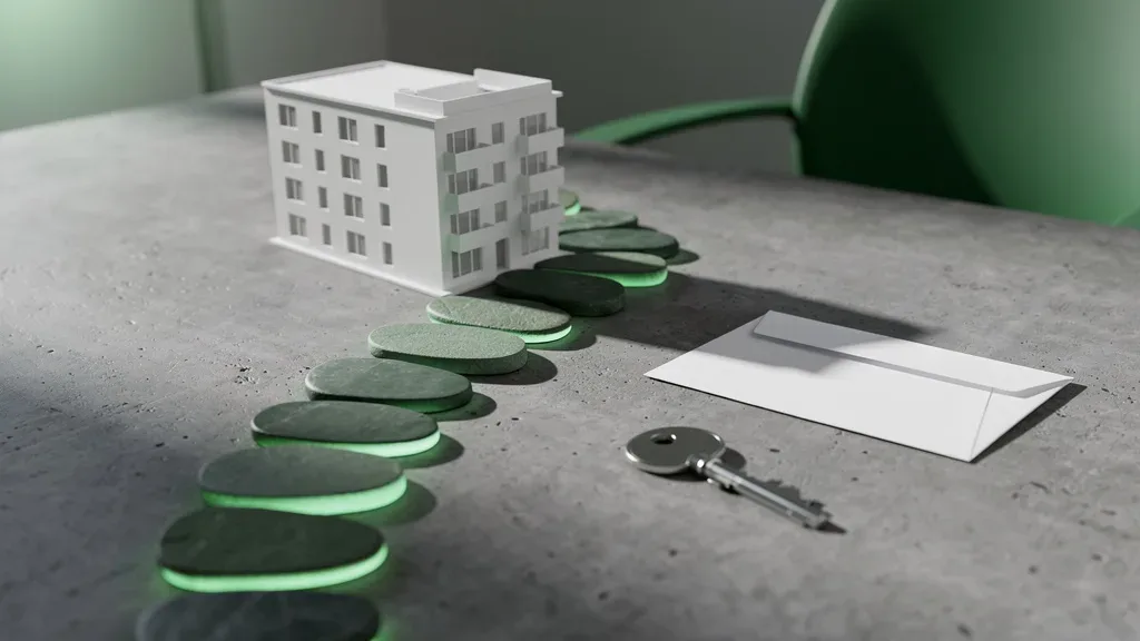 Consórcio de apartamento: Maquete de prédios modernos sobre mesa cinza com reflexo verde suave