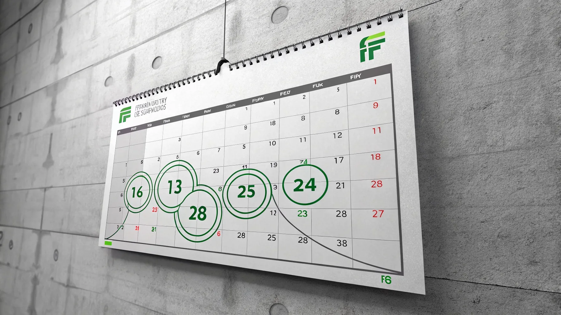 prazo para vender cota de consórcio: calendário de parede com datas marcadas em verde interligadas por linha de progressão, estilo ilustração digital