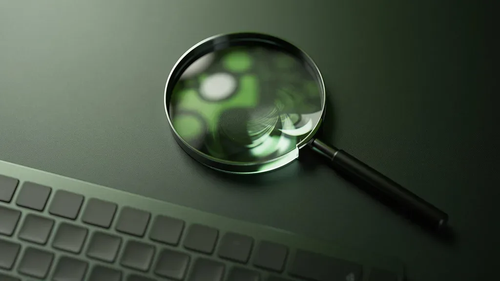 administradoras regulamentadas pelo Banco Central: lupa sobre teclado de notebook em superfície escura com reflexo em verde suave