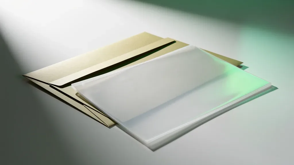 documentos transferência carta contemplada: pastas e envelope translúcido com reflexo esverdeado organizados sobre mesa branca iluminada lateralmente