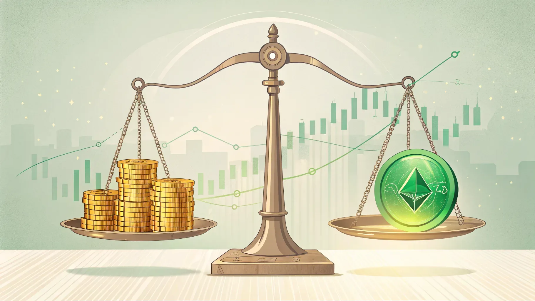 consórcio versus financiamento: balança digital ilustrada com moedas douradas em equilíbrio e brilho verde representando comparação de custos
