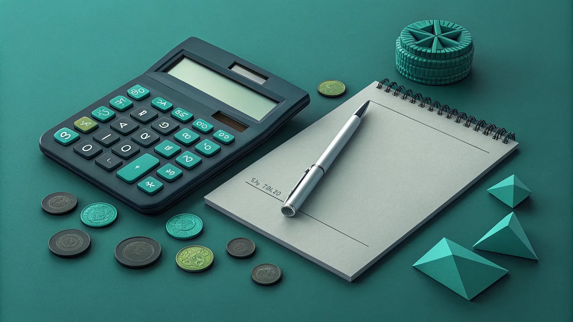 taxa de administração consórcio como funciona: calculadora, documento dobrado e moedas geométricas vistos de cima em composição minimalista com destaque em verde