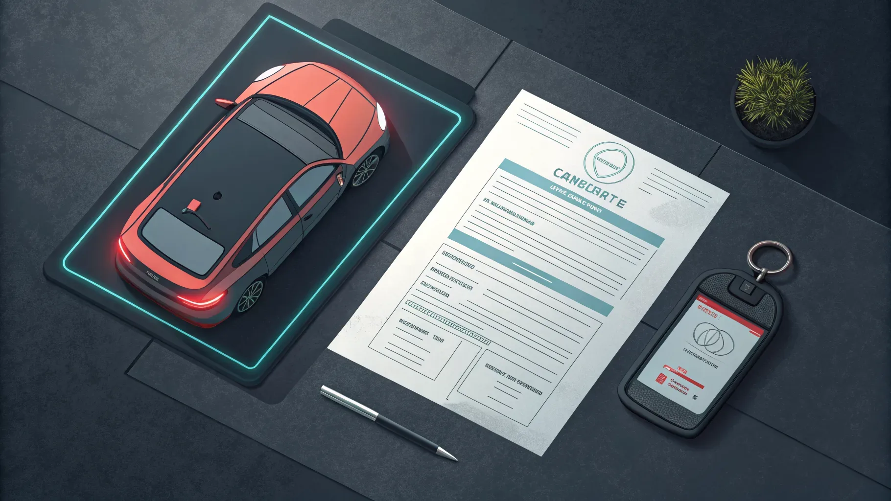 usar carta contemplada para carro: documentos organizados sobre mesa escura incluindo certificado de veículo, contrato e chave