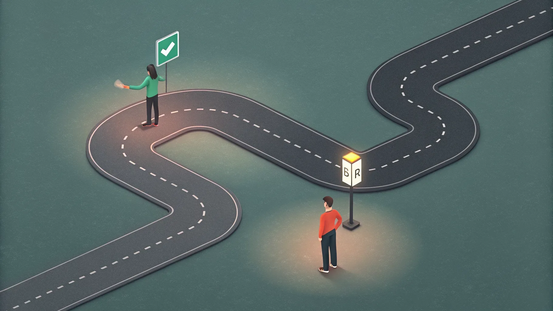 carta contemplada ou aguardar: ilustração isométrica de caminho bifurcado, uma rota curta levando a cartão verde e outra longa com marcos de calendário