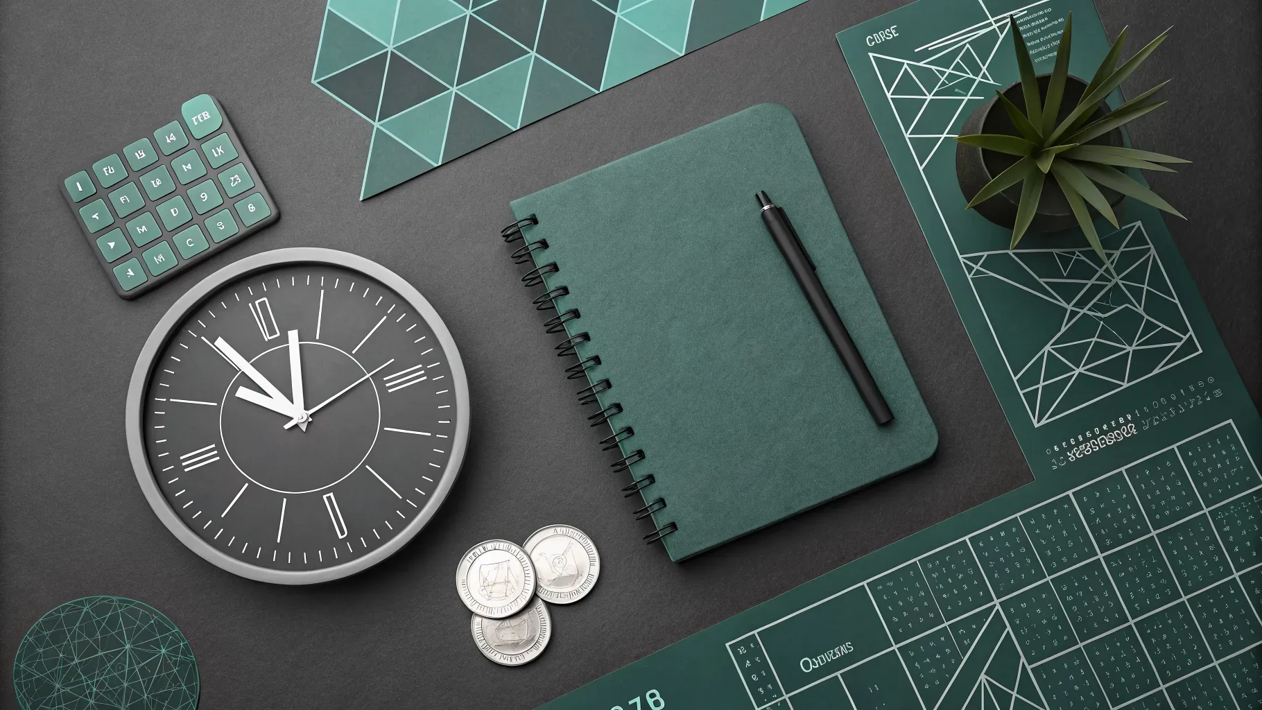 estratégias de lance consórcio: vista aérea de mesa com caderno fechado, relógio analógico e moedas empilhadas em composição minimalista