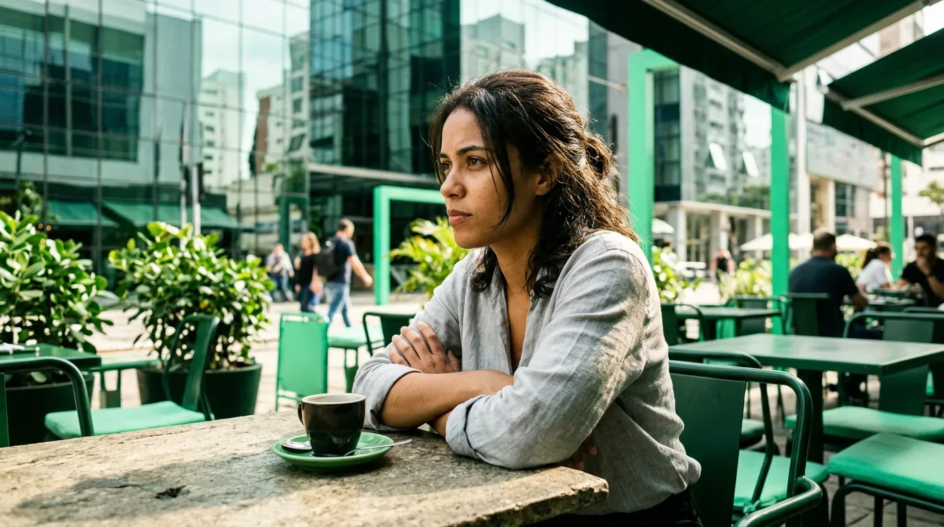 mulher jovem com postura desconfiada em mesa de café ao ar livre em Porto Alegre, fachadas de vidro ao fundo (golpes compra carta contemplada)