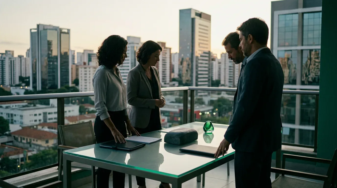 profissionais em terraço moderno com cidade ao fundo e detalhe verde sobre mesa de planejamento (consórcio planejamento financeiro longo prazo)