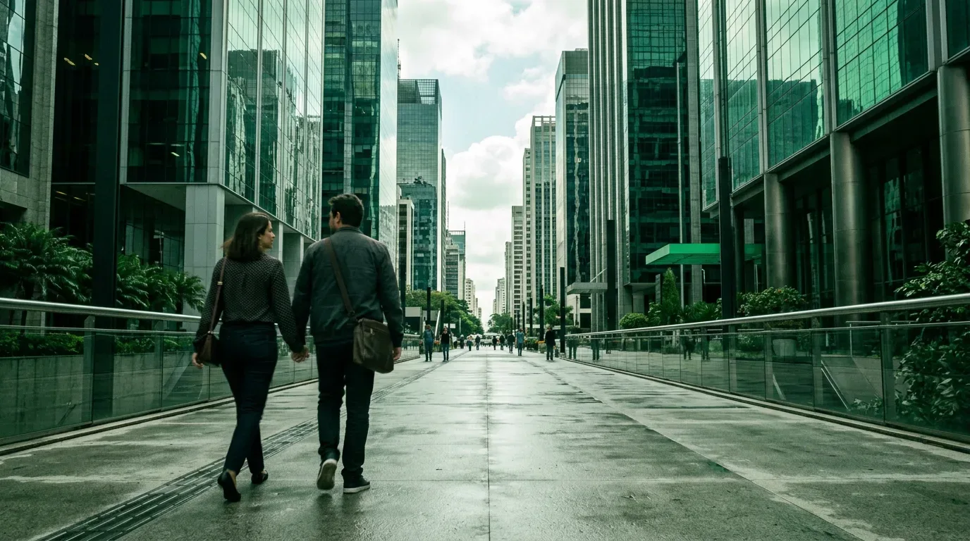 duas pessoas caminhando em calçadão financeiro de São Paulo com reflexos esverdeados nos prédios de vidro ao fundo (comprador para cota de consórcio)