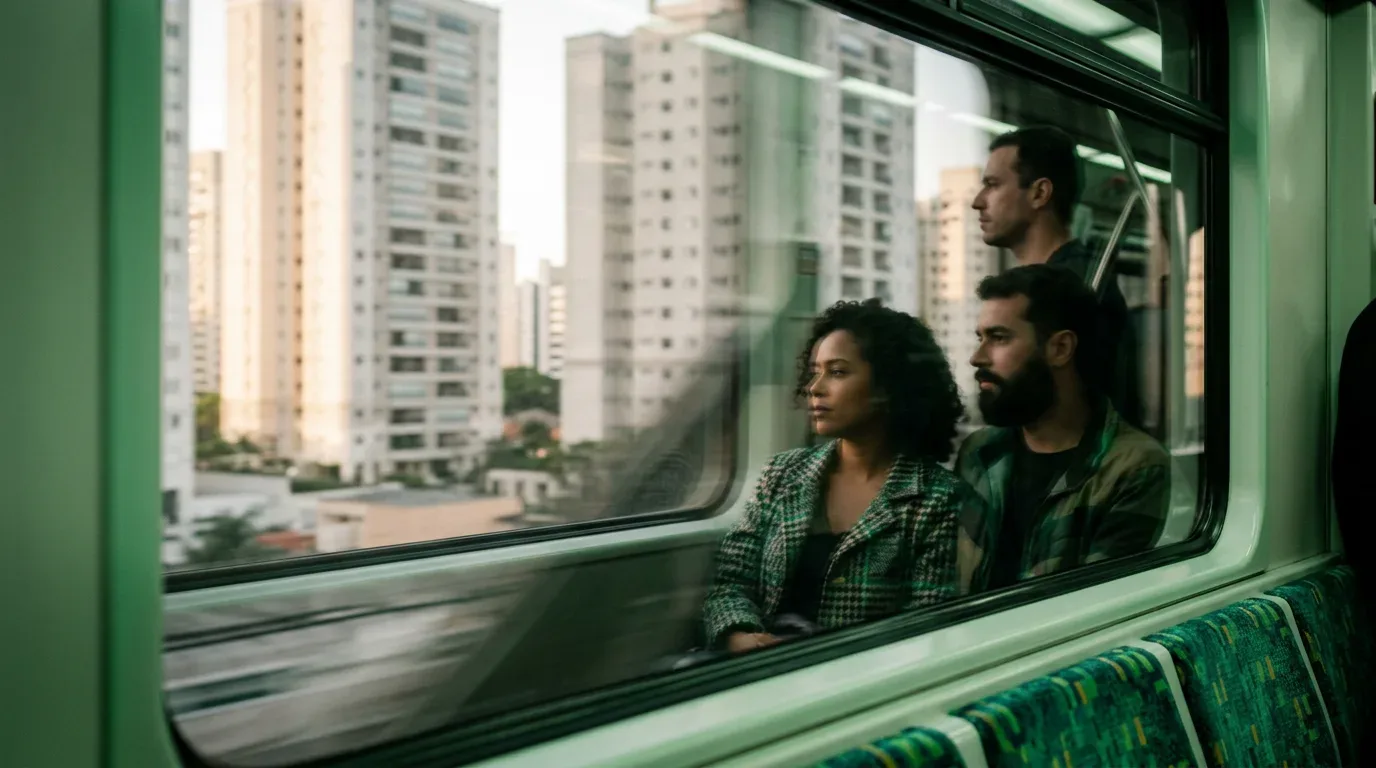 Três adultos em transporte urbano observam prédios residenciais sob luz esverdeada (Consórcio de apartamento)